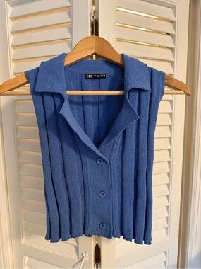 ZARA Blue Knit Sleeveless Collared Top size small